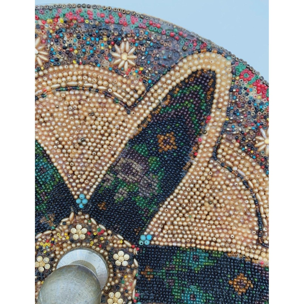 Vintage Beaded Tramp Art Bowl – Jeweled Mosaic, Spindle Handle, 1920s-1950s - Picture 9 of 16